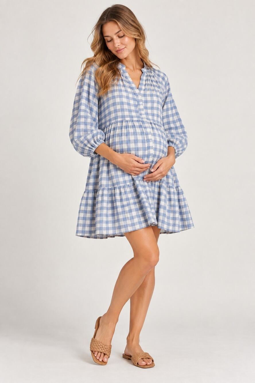 Hatch Maternity Blue Checkered Cotton Mini Dress 0 XS